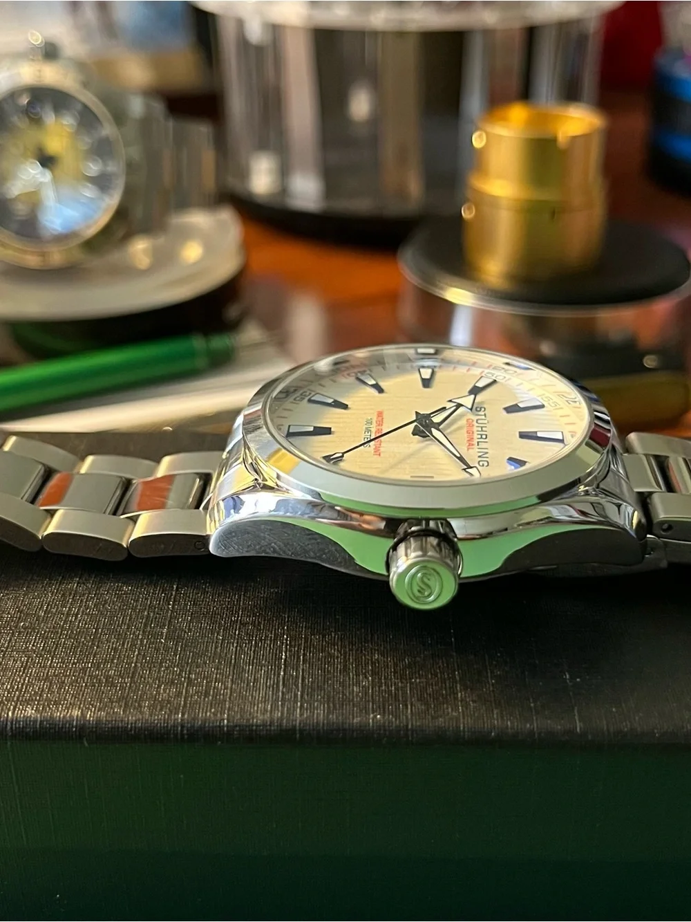 Stührling Original Stainless Steel Men's Watch - White Dial, Blue Accents